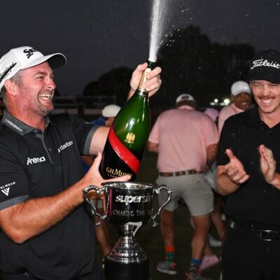 Winners of the event Fox and Friend - Ryan Fox and Dan Hillier celebrate, Chasing the Fox - Premier short format golf event at Royal Auckland &amp; Grange Golf Club, Auckland, New Zealand on Friday 12 December 2025. © Photo: Andrew Cornaga / Photosport