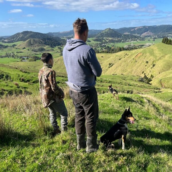 A man and a boy look out across the hills with a dog by their side